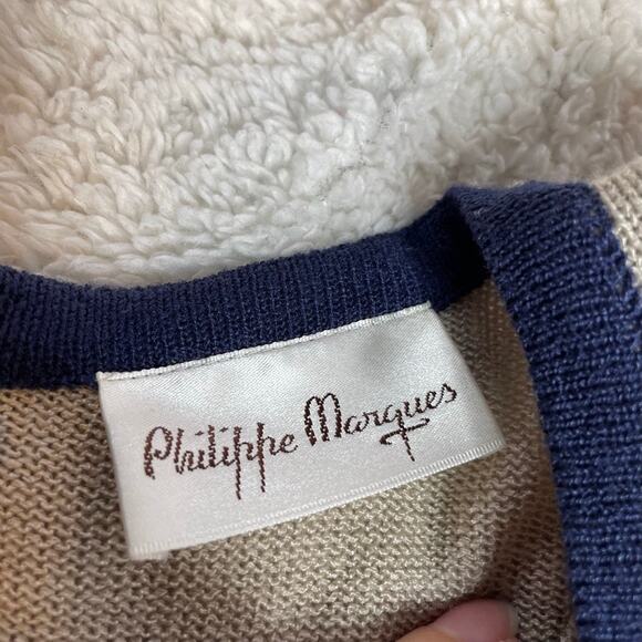 PHILIPPE MARQUES Blue Tan Square Colorblock Short Sleeve Knit Top Vintage Medium - Picture 2 of 3